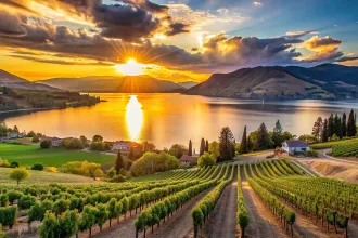Sunset at Okanagan Lake near Penticton with vineyard