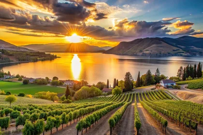 Sunset at Okanagan Lake near Penticton with vineyard